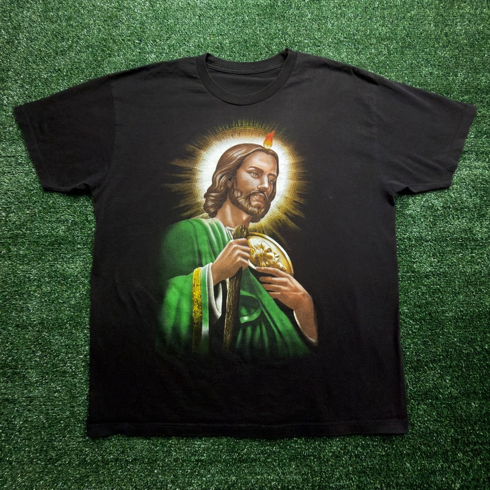 VTG Y2K STYLE San Judas Thaddeo Graphic T-Shirt Mens XL Black Catholic Tee